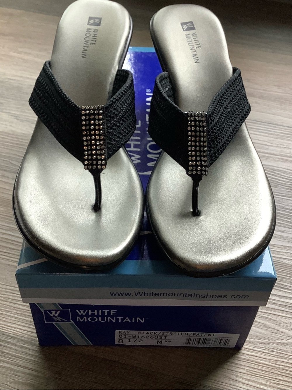 White Mountain Black Rhinestone Thong Wedge Sandal